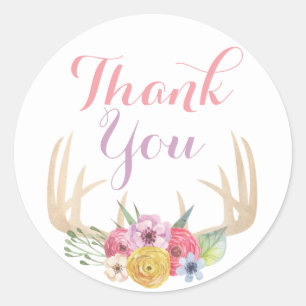 Rustic Floral Antlers Painted Watercolor Thank You Classic Round Sticker