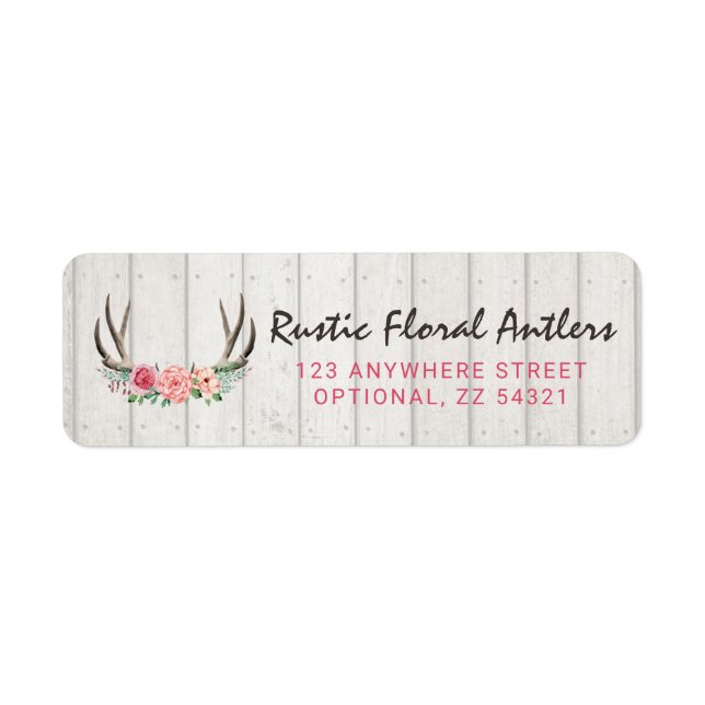 Rustic Floral Antlers Roses & Wood Return Address (Front)