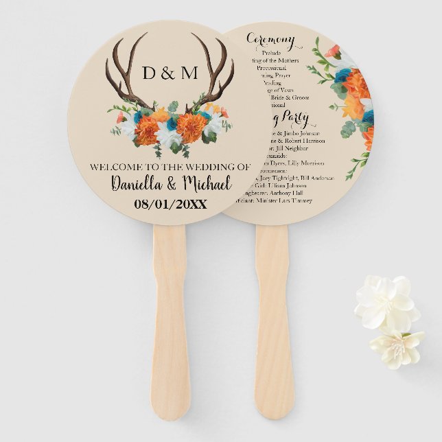 Rustic Floral Antlers Wedding Ceremony Program Hand Fan (Front and Back)