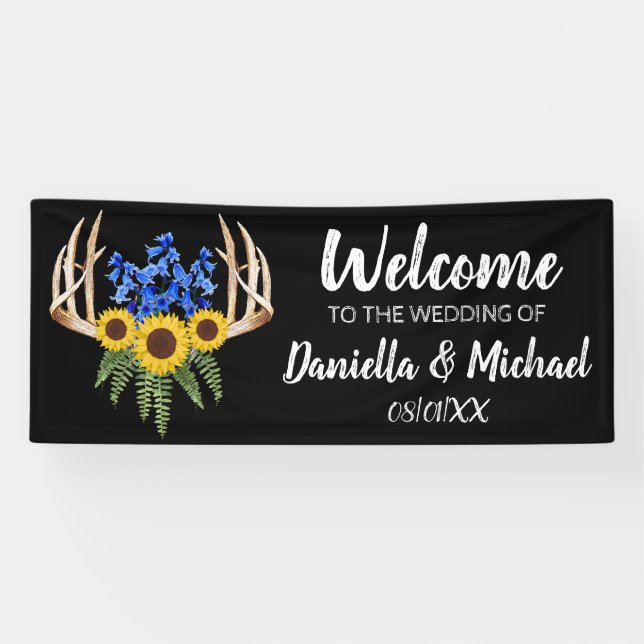 Rustic Floral Antlers Welcome to the Wedding Banner (Horizontal)