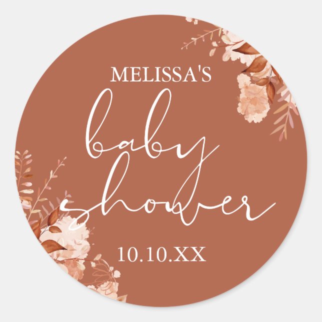 Rustic Floral Autumn Fall Baby Shower Favour Classic Round Sticker (Front)