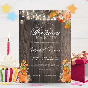 Rustic Floral Autumn Fall Pumpkin Birthday Party Invitation