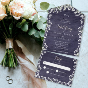 Rustic Floral Baby's Breath Navy Blue Wood Wedding All In One Invitation