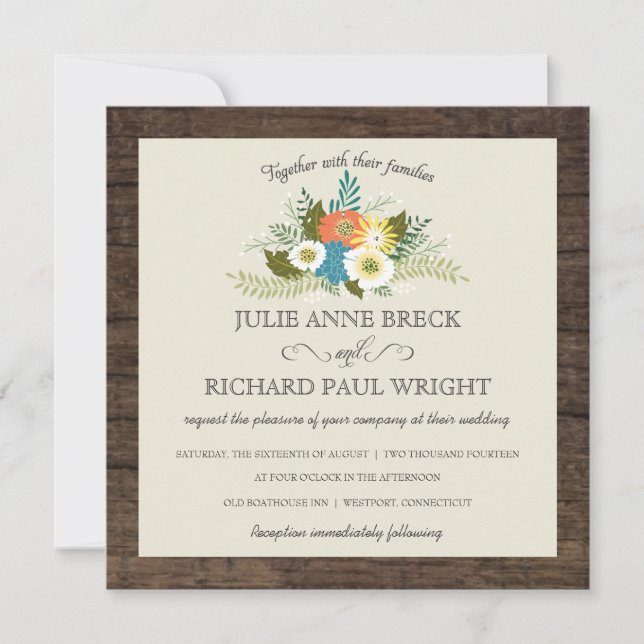 Rustic Floral Barn Wood Wedding Invitations (Front)