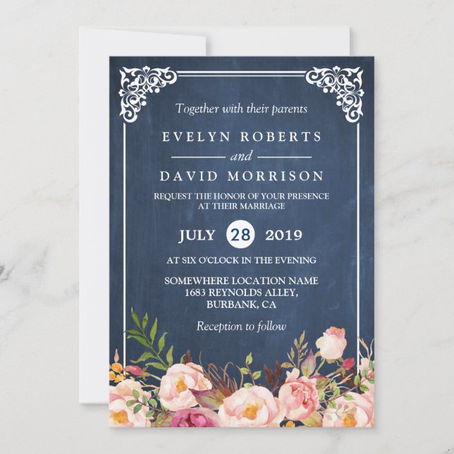 Rustic Floral Blue Chalkboard Formal Wedding Invitation (Front)