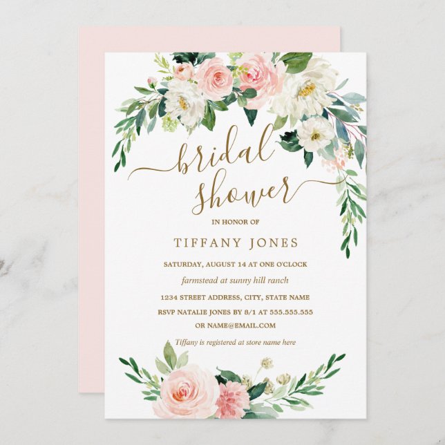Rustic Floral Blush Gold Wreath Bridal Shower Invitation (Front/Back)