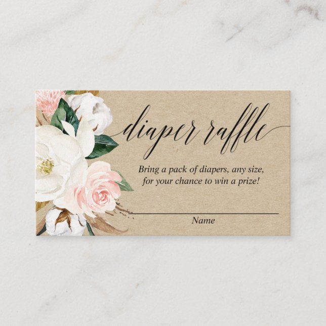 Rustic floral blush magnolia diaper raffle cards (Front)