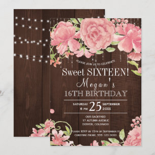 Rustic floral blush peonies barnwood sweet sixteen invitation