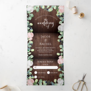Rustic Floral Blush Pink Roses Greenery Wedding Tri-Fold Invitation