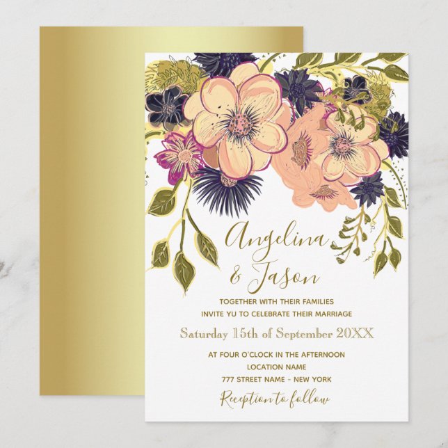 Rustic Floral Blush Pink Wedding Invitation (Front/Back)
