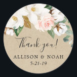 Rustic floral blush pink white magnolia favour classic round sticker<br><div class="desc">For more advanced customization of this design,  simply select the "Customize It" button above!</div>
