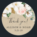 Rustic floral blush pink white magnolia favour classic round sticker<br><div class="desc">For more advanced customization of this design,  simply select the "Customize It" button above!</div>