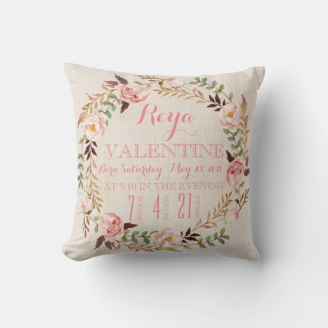 Rustic Floral Bohemian Birth Stats Pillow (Front)