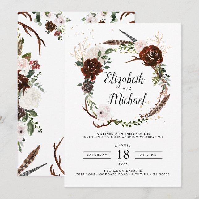 Rustic Floral | Boho Botanical Wedding Invitation (Front/Back)