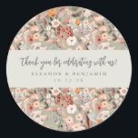 Rustic Floral Boho Custom Wedding Names Thank You Classic Round Sticker<br><div class="desc">Rustic Sage Green and Taupe Floral Boho Custom Wedding Names Thank You Stickers</div>