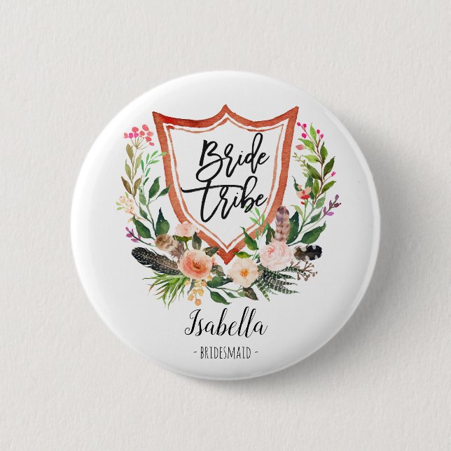 Rustic floral boho floral bride tribe/bridesmaid 2 inch round button (Front)