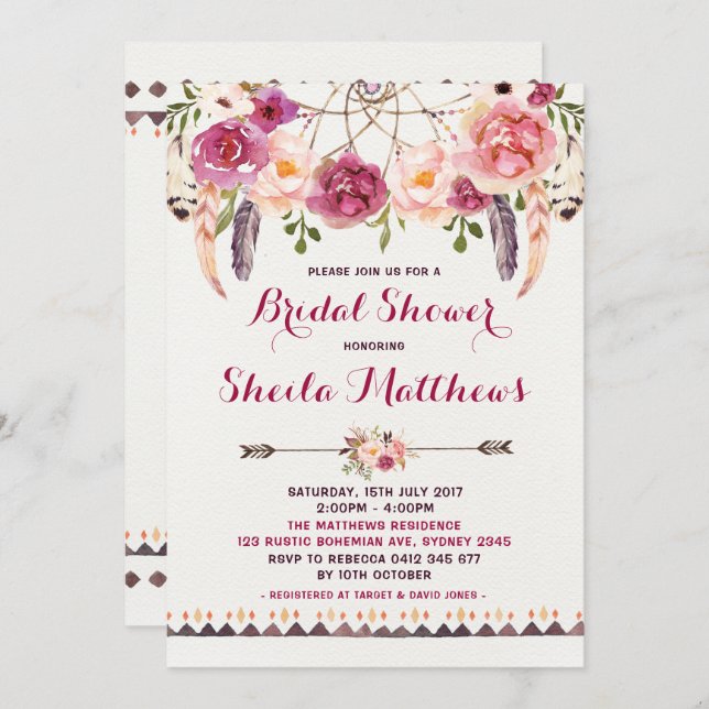 Rustic Floral Boho Invitation Fête des mariées Inv (Devant / Derrière)
