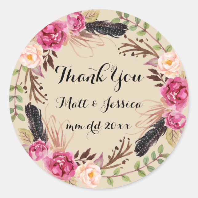 Rustic Floral Boho Wedding Thank You Sticker (Front)