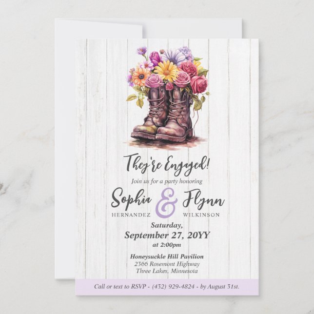 Rustic Floral Boot Barn Wood Farm Engagement Party Invitation (Front)