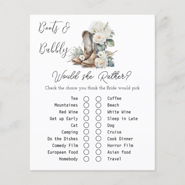 Rustic Floral Boots Bridal Shower Game Card (Front)