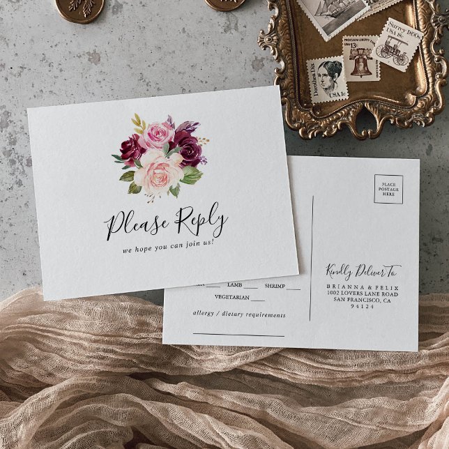 Rustic Floral Botanical Menu Choice RSVP Postcard (Creator Uploaded)