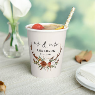 rustic floral botanical personalized stag wedding  paper cups
