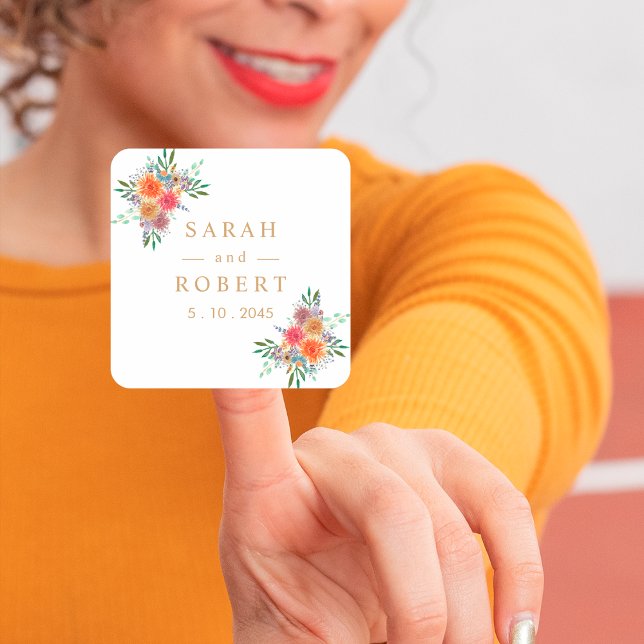 Rustic Floral Botanical Personalized Wedding Square Sticker (Creator Uploaded)