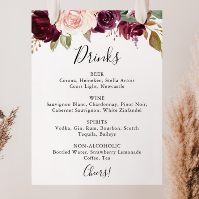Rustic Floral Botanical Wedding Drinks Menu Sign (Creator Uploaded)