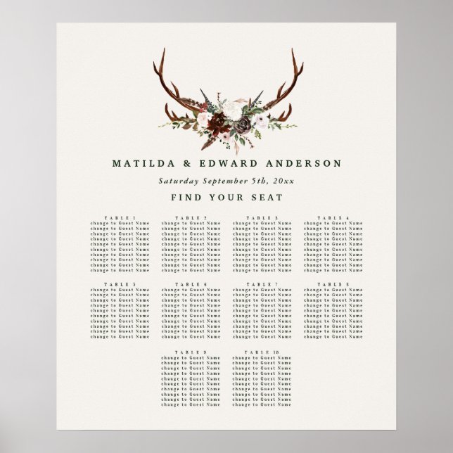 Rustic floral botanical wedding seating plan poster (Front)