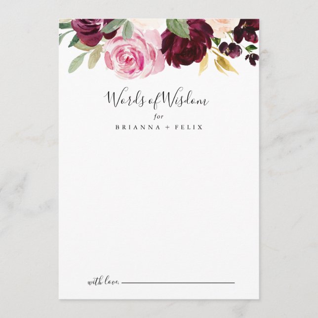 Rustic Floral Botanical Wedding Words of Wisdom Advice Card (Front)