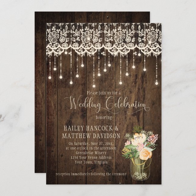 Rustic Floral Bouquet Mason Jar Lace Lights | Invitation (Front/Back)