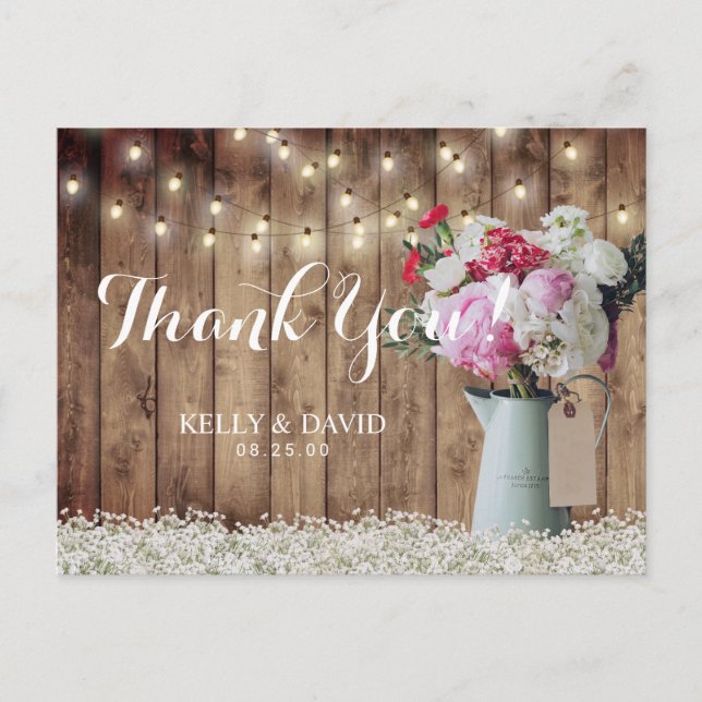 Rustic Floral Bouquet & String Lights Thank You Postcard (Front)