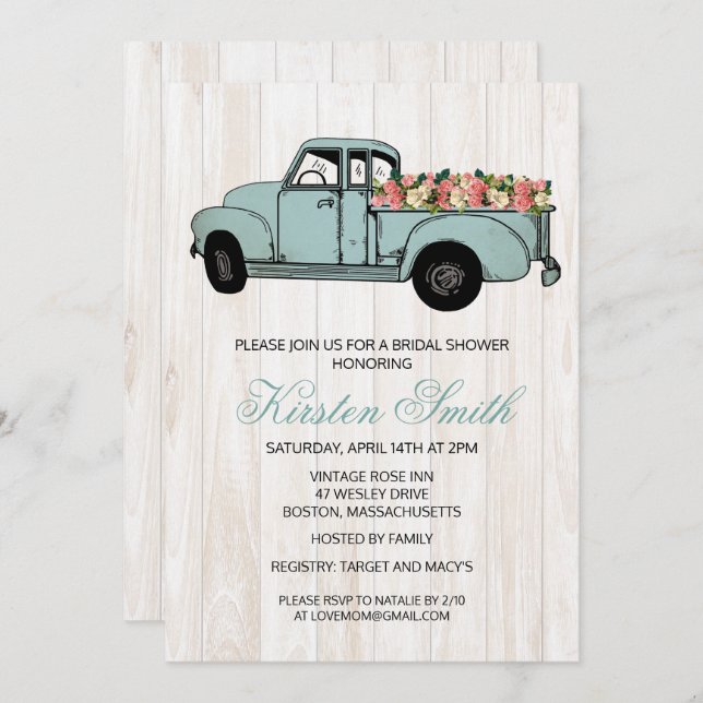 Rustic Floral Bridal Shower Truck Invitation (Front/Back)