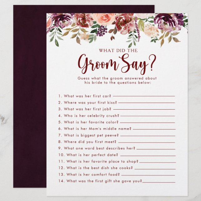 Rustic Floral Bridal Shower What did the Groom Say (Front/Back)