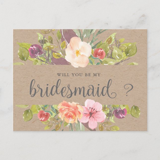Rustic Floral Bridesmaid Invitation Postcard (Front)