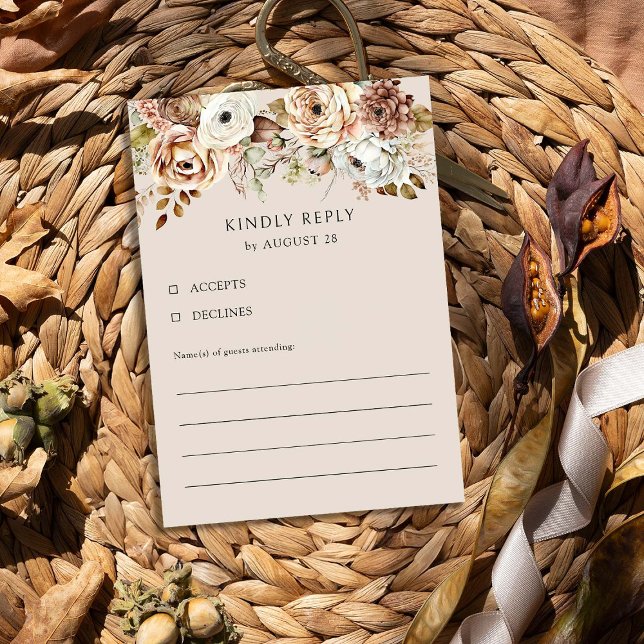 Rustic Floral Brown Neutral Country Wedding RSVP Card (RSVP card rom the Rustic Floral Brown Neutral Wedding Collection by Darling & May)