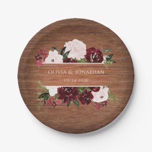 Rustic Floral Burgundy and Blush Wedding  Paper Plate
