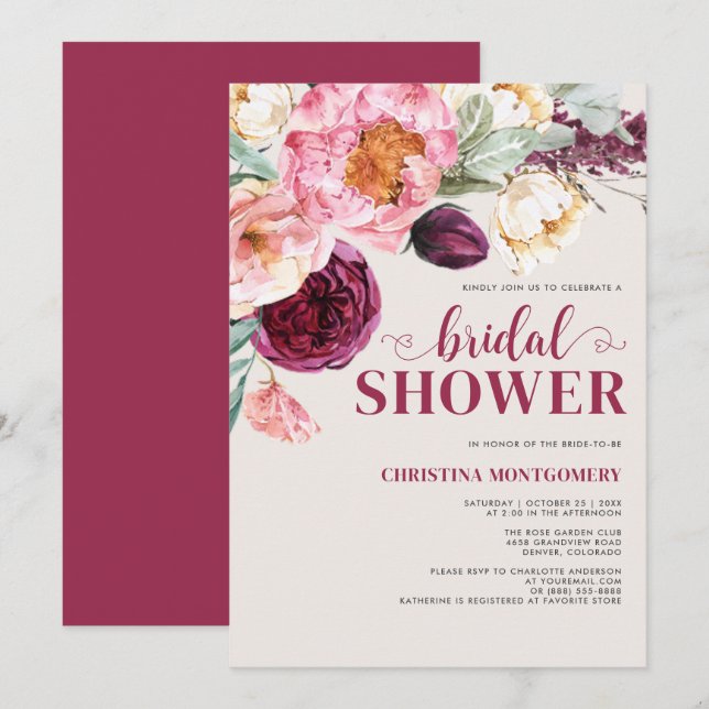 Rustic Floral Burgundy Botanical Bridal Shower Invitation (Front/Back)