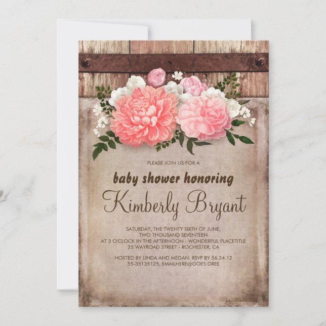 Rustic Floral Burlap Barn Wood Baby Shower Invitation (Front)