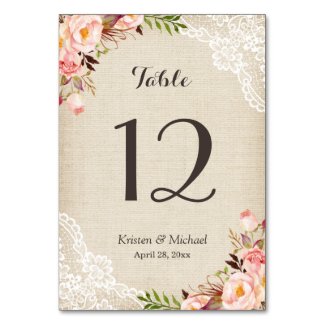 Rustic Floral Burlap Lace Table Number