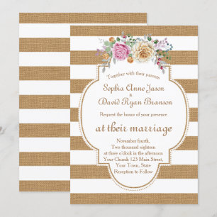 Rustic Floral Burlap Stripes Wedding Invitation