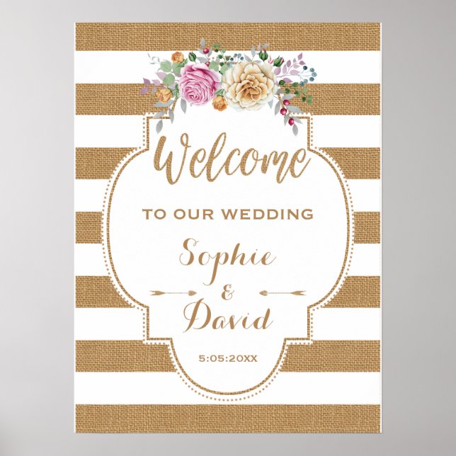 Rustic Floral Burlap Stripes Wedding WELCOME SIGN (Front)