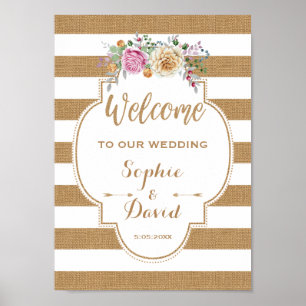 Rustic Floral Burlap Stripes Wedding WELCOME SIGN