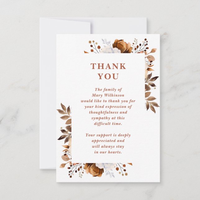 Rustic Floral Celebration Of Life Funeral Thank You Card (Front)