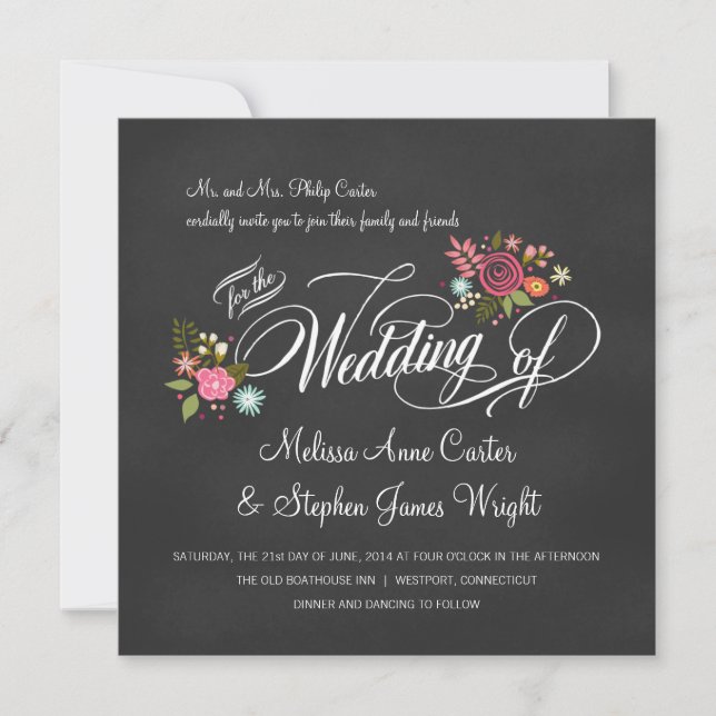 Rustic Floral Chalkboard Wedding Invitations (Front)