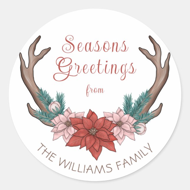 Rustic Floral Christmas Antlers Seasons Greetings Classic Round Sticker (Front)