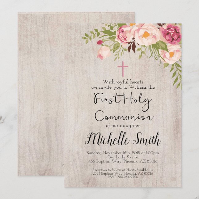 Rustic Floral Country Script First Holy Communion Invitation (Front/Back)