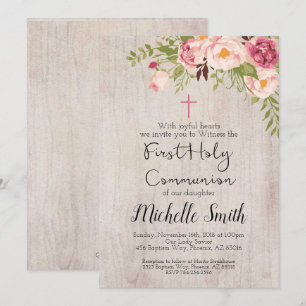 Rustic Floral Country Script First Holy Communion Invitation