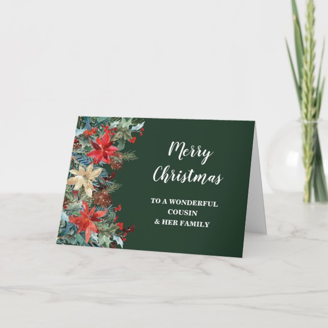 Rustic Floral Cousin & Family Merry Christmas Card (Front)