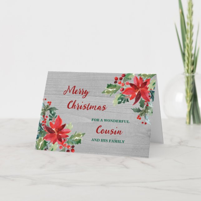 Rustic Floral Cousin & Family Merry Christmas Card (Front)